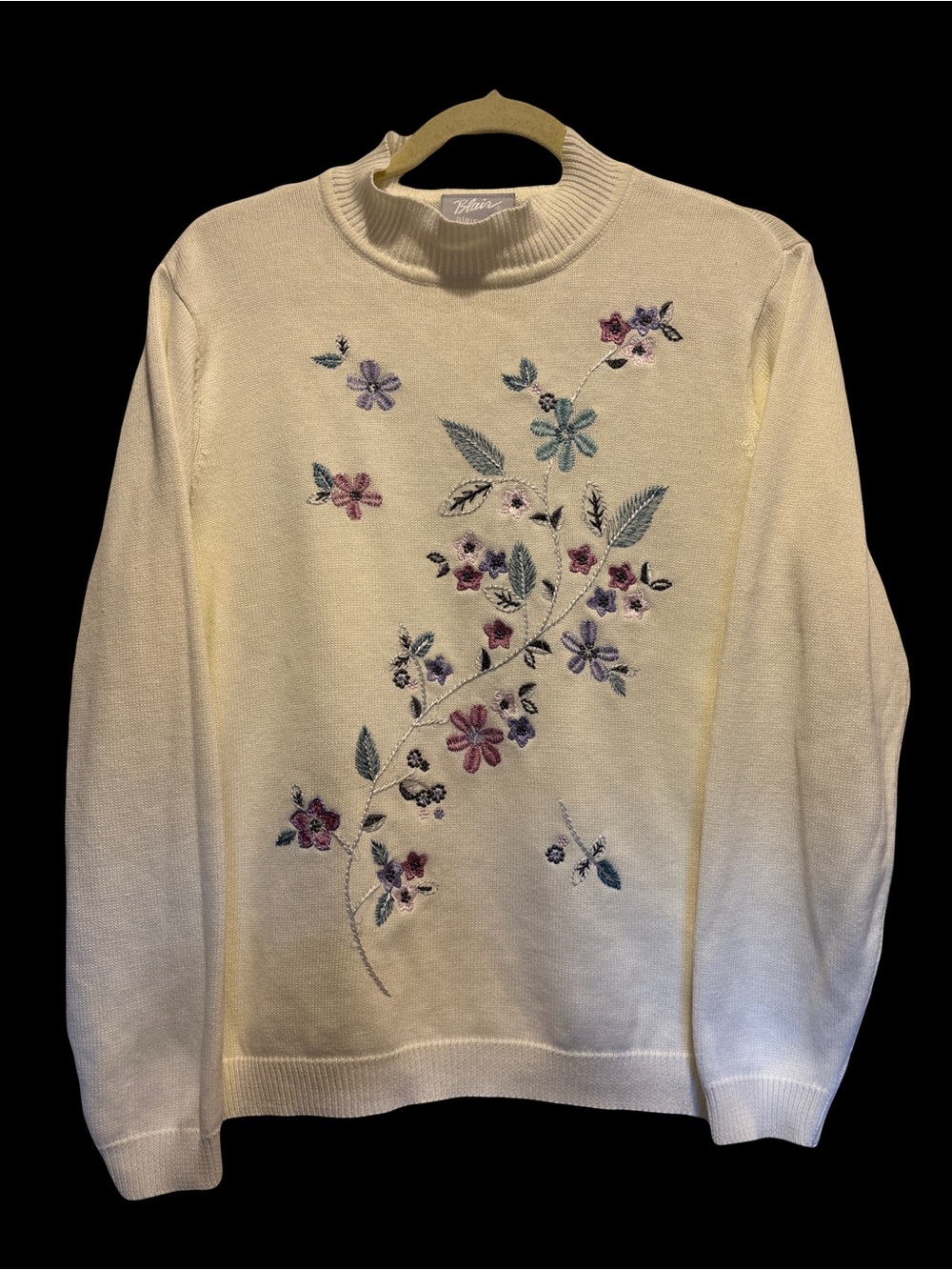 Vintage Blair Floral Embroidery Mock Neck Knit Sweater Large Winter White